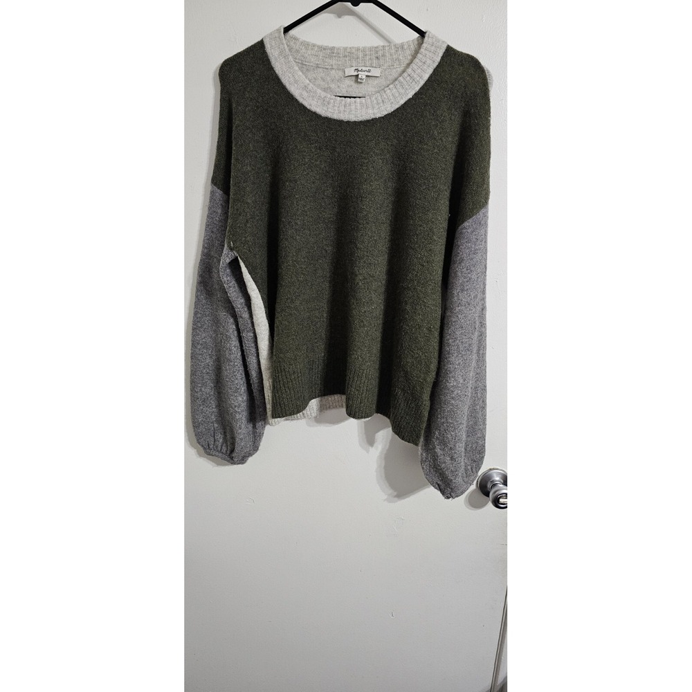 Madewell Womens Crop Sweater Large Green Gray Merino Wool Blend Preppy Casual